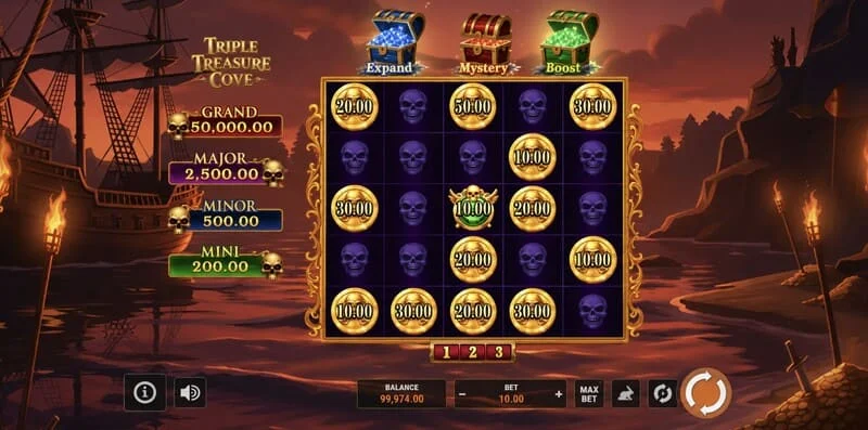 Triple Treasure Cove – ekran główny z bębnami i zatoką piratów